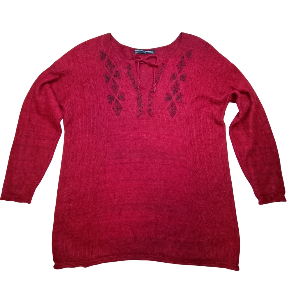 Peruvian Connection Bordo Maroon Alpaca Blend Embroidered Tie-Neck Sweater - XL